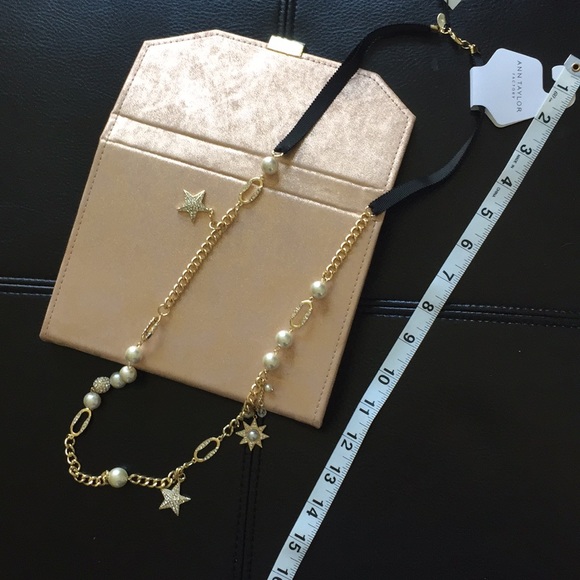 Long pave pearl star goldtone necklace on ribbon - Picture 5 of 5